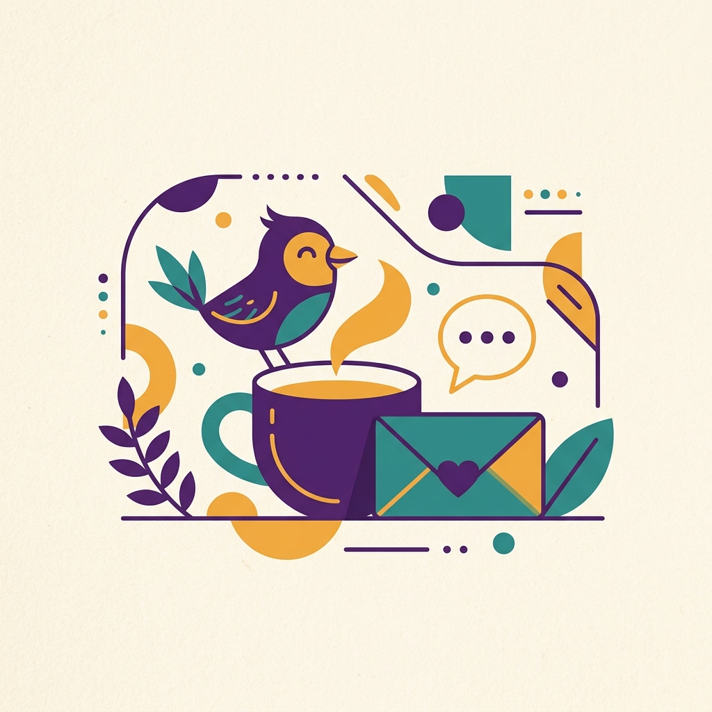 Warm and modern contact illustration with coffee, a letter, and the bird mascot.