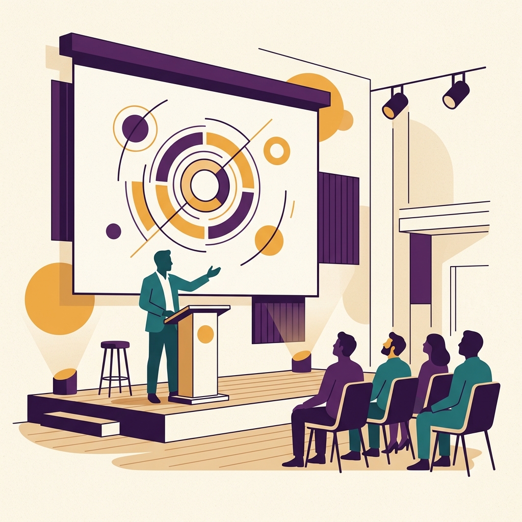 Speaking and workshops hero illustration showing silhouettes of a presenter and participants.